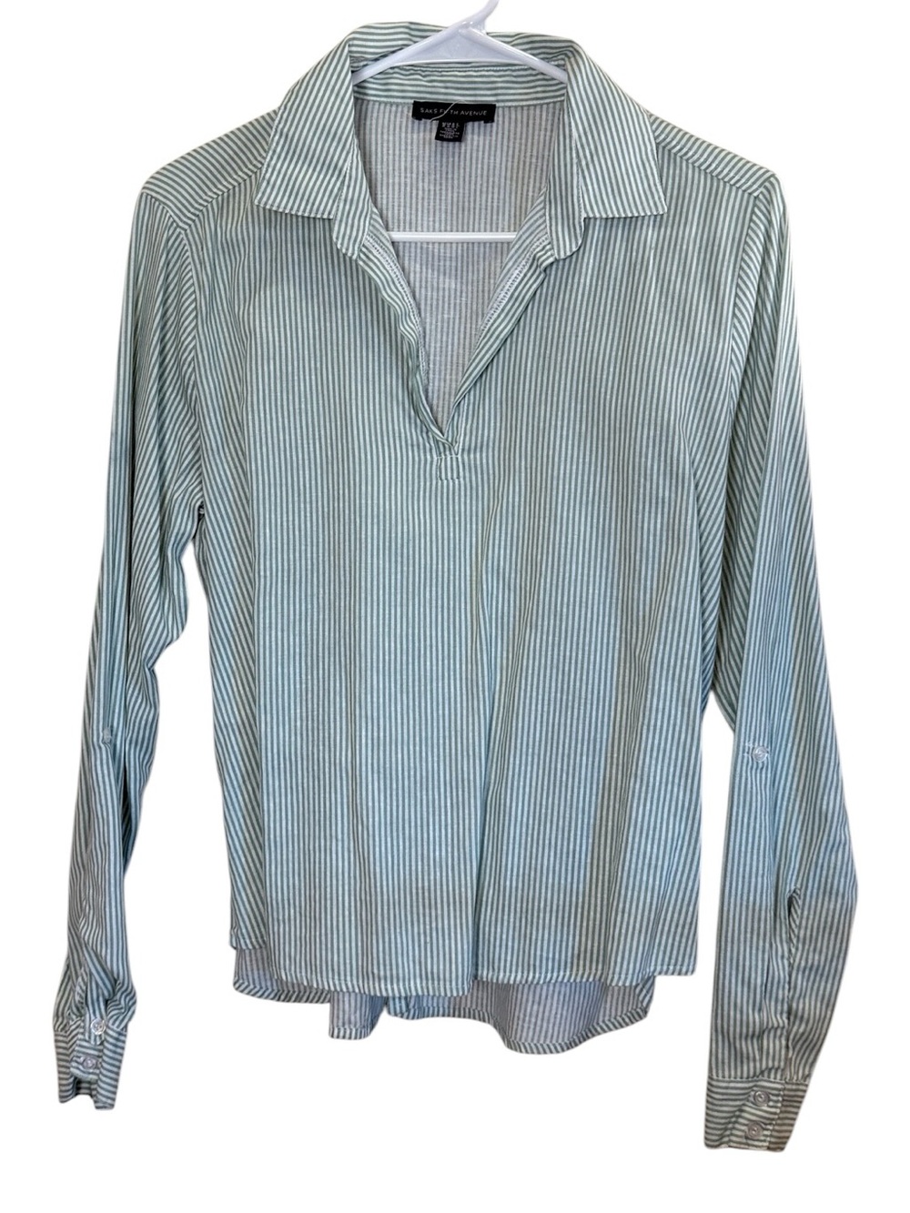 Saks Fifth Avenue Women’s Mint White Striped Linen Cotton Blend Casual Top sz M